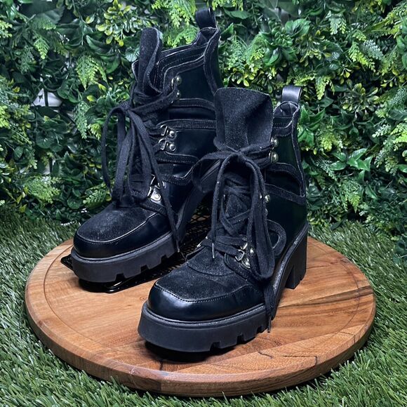 ZARA Boots Women 9 US 40 EU Black Moto Combat‎ Chunky Heel Lace Up Ankle 2111 - Picture 3 of 14